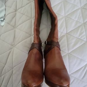 Cole Haan 7 1/2 brown heel boots with gole buckles